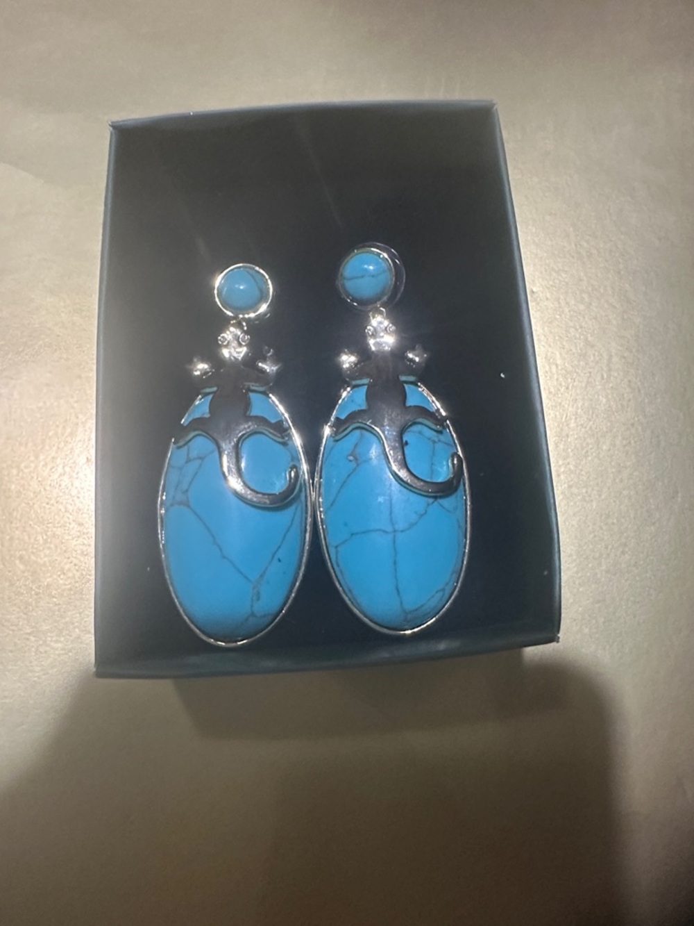 Silver Lizard Motif Teal Drop Earrings with Blue Stone Studs